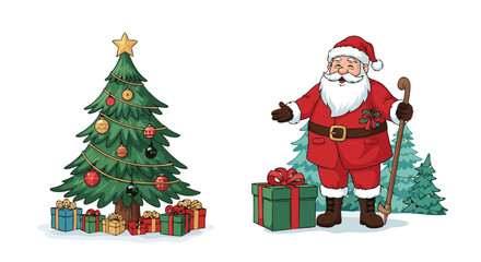 Festive Christmas illustration featuring Santa Claus with gifts and a decorated tree, evoking holiday cheer and seasonal joy