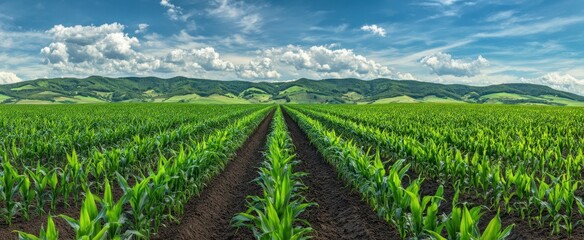 The Cornfield Rows Stretching Toward Rolling Hills Under A Dramatic Blue Sky