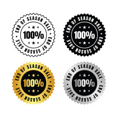 100 percent  four end of season sale stickers in black white gold and silver on a white background