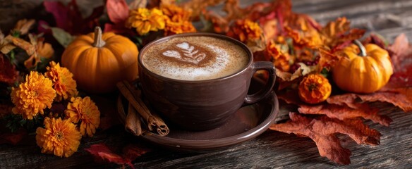 The Coffee Cup and Pumpkin Arrangement with Latte Art on Rustic Autumn Table