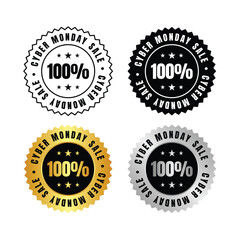 100 percent  four cyber monday sale badges in black, gold and silver on a white background design layout