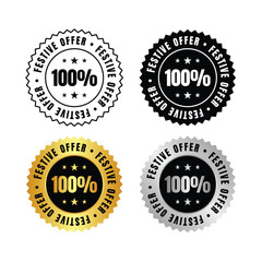 100 percent  collection of festive offer stickers in black gold silver and outline variations on a white background