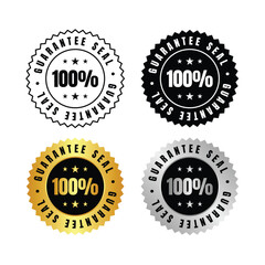 100 percent  collection of guarantee seal badges in black, gold, silver and outline designs on a white background