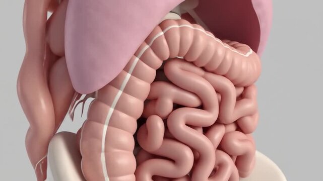 Anatomical illustration of the human digestive system, showcasing the intestines and related organs.