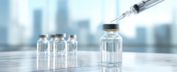 The Vaccine Vial and Syringe on a Reflective Surface with Blurred Cityscape Background