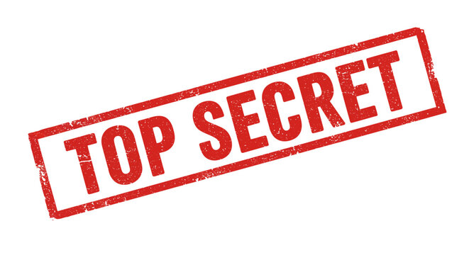 Red "top secret" stamp graphic text symbol label overlay for confidential information security and classified document designation isolated on white background