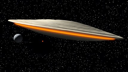 Futuristic spacecraft with orange light streak in dark space with a planet view