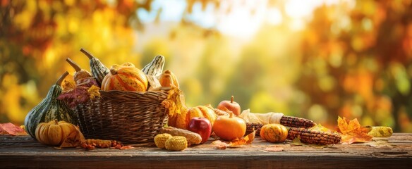 The Pumpkin and Gourd Harvest Display on a Rustic Wooden Table in Autumn Light