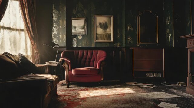 Victorian style living room with vintage furniture, including a red velvet chair, dark wood dresser and bookshelves, set against wallpapered walls under a bright sunlit window.