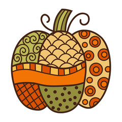 Patchwork pumpkin vector illustration in orange and green colors