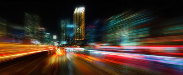 The City Skyline Racing Through Neon Streaked Night in Long Exposure Motion Blur