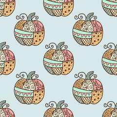 Seamless pastel patchwork pumpkin vector pattern, retro aesthetic