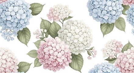 Watercolor illustration of blooming hydrangeas in soft pastel blue, pink, and white hues