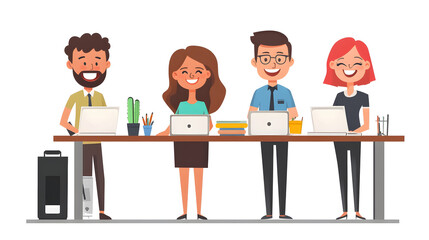 A cheerful office environment illustrated in a flat vector - corporate employees engaged in daily tasks.