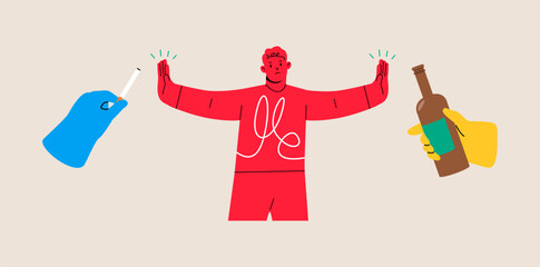Man makes gesture, rejecting offer to smoke or drink alcohol. Colorful vector illustration