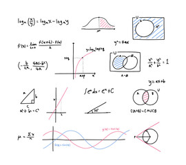 Hand-drawn vector illustration of mathematical formulas and graphs on white background