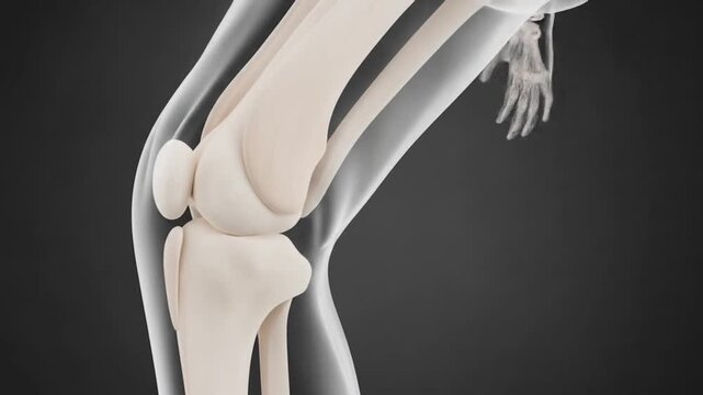 A detailed 3D rendering of the human knee joint, showing the femur, tibia, fibula, and patella in a skeletal view.