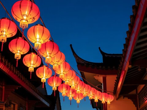 Vibrant red lanterns illuminate a traditional Chinese street scene at twilight, creating a magical festive atmosphere for cultural celebrations and events.