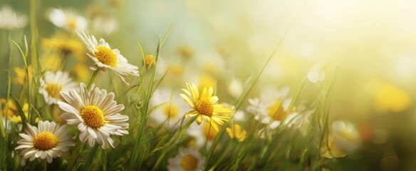 The Daisies in a Sunlit Meadow of Wildflowers and Morning Grass