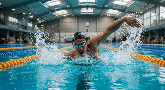 Swimmer in action mid stroke with water splash indoor pool