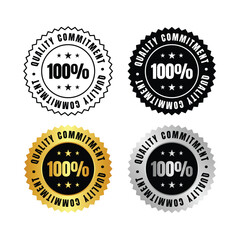 100 percent  four quality commitment badges in black gold and silver on a white background display
