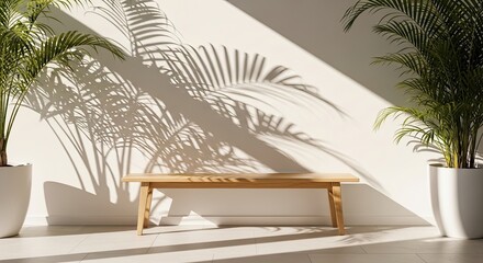 Sunlight cast on a wooden bench between potted plants and white wall