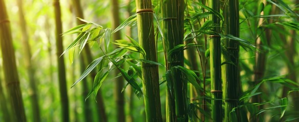 The Bamboo Stalks in a Sunlit Forest Creating a Serene Green Atmosphere