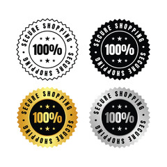 100 percent  four secure shopping badges in black, gold, silver, and outline with a complete guarantee symbol