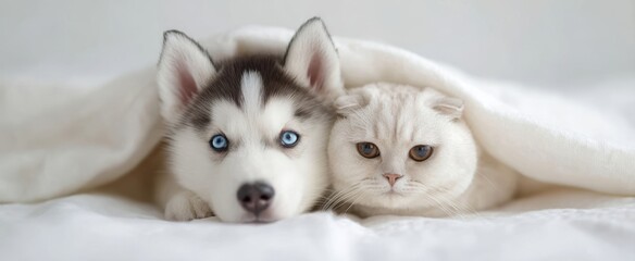 The Husky Puppy and Scottish Fold Cat Cuddled Under Cozy White Blanket