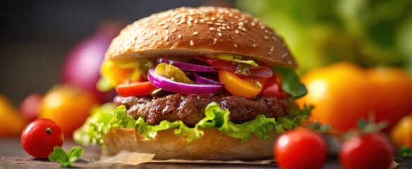 The Burger with Juicy Beef Patty, Fresh Lettuce and Colorful Toppings