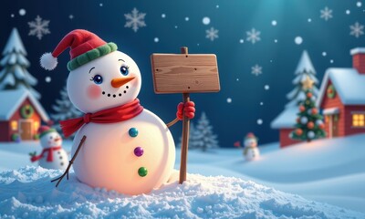 Fototapeta premium Adorable Christmas snowman with tilted sign, festive winter scene, cartoon, festive, scene