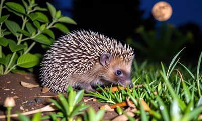Fototapeta premium A prickly European hedgehog foraging in a lush garden at night, illuminated by soft moonlight, shadow, nature, summer