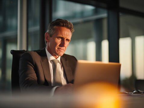 50 years old businessman executive investor, busy middle aged mature professional business man ceo wearing suit using laptop computer working on finance investment sitting at desk in corporate office.