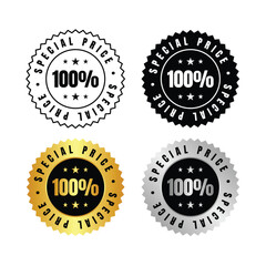 100 percent  four special price labels in different colors with one hundred value and star decorations