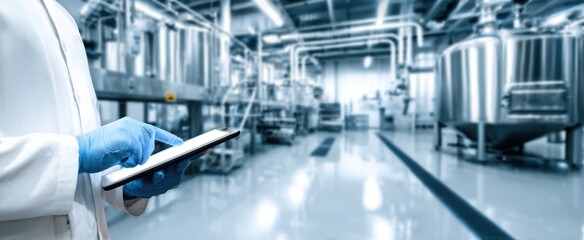 The tablet in gloved hands inspecting stainless steel tanks in modern brewery facility