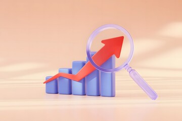Close up of a 3d rendering of a rising red arrow and blue bar graph under a magnifying glass on a soft orange background symbolizing financial growth and analysis