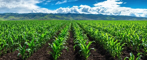 The Cornfield Stretching Toward Distant Mountains Under a Dramatic Blue Cloudy Sky