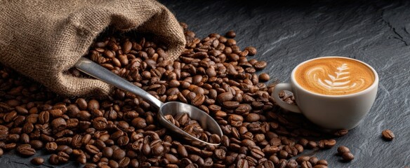 The Coffee Beans and Latte on a Slate Surface with Metal Scoop