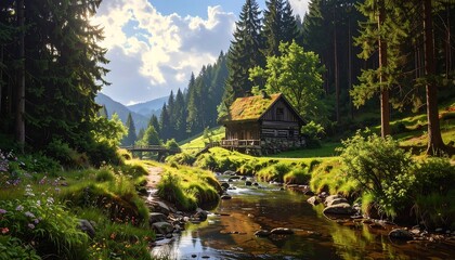 Picturesque landscape of a cabin by a river in a lush forest under a sunny sky