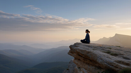 崖の上で瞑想する女性と明け方の山々