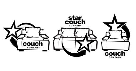 Modern couch logo with pillow and star symbol, black and white vector illustration for furniture business, interior design branding, or home decor company