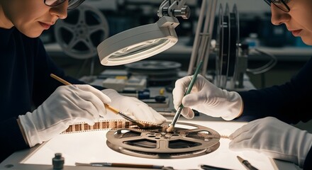 Vintage Film Reel Restoration: Archivists in a Preservation Lab Meticulously Conserving Cinema History

