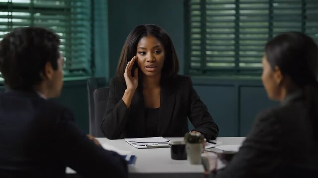 Three individuals engrossed in discussion at an office meeting.