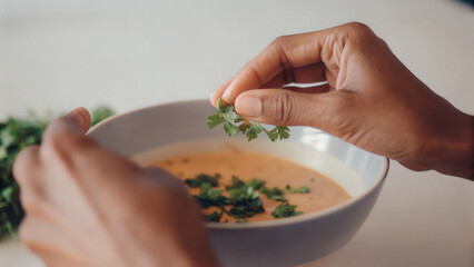 Hands placing parsley garnish on creamy soup bowl, close up macro detail showing fresh herb adding flavor and color to meal
