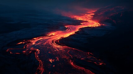 Fiery River of Molten Lava Flows Across a Dark Volcanic Landscape Under Dim Light