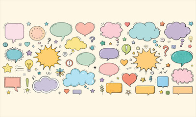 Colorful Speech Bubbles and Comic Chat Elements — Hand Drawn Doodle Conversation Icons .