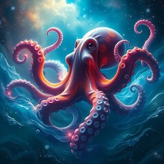 Cosmic octopus UNLEASHING madness with bioluminescence and starlight in swirling nebula waters