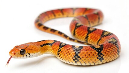 Obraz premium Mandarin Rat Snake with vibrant orange, yellow, and black patterned scales, slender body, and alert eyes, coiled on a clean white studio background, realistic reptile portrait, sharp focus