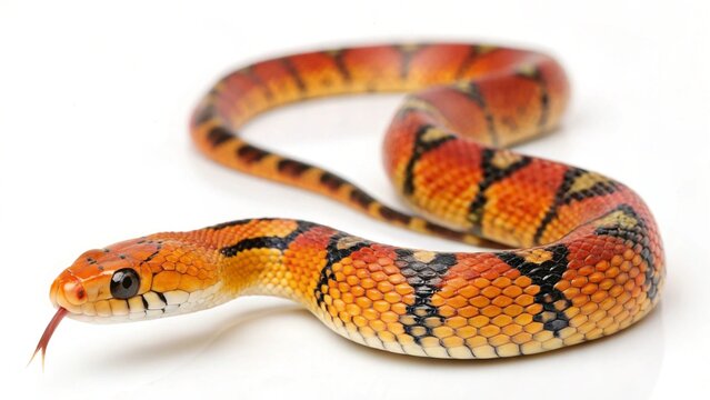 Mandarin Rat Snake with vibrant orange, yellow, and black patterned scales, slender body, and alert eyes, coiled on a clean white studio background, realistic reptile portrait, sharp focus