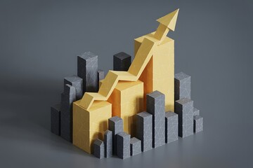 Abstract 3d illustration of a rising yellow arrow graph emerging from a cityscape of grey and yellow buildings symbolizing financial growth and economic success